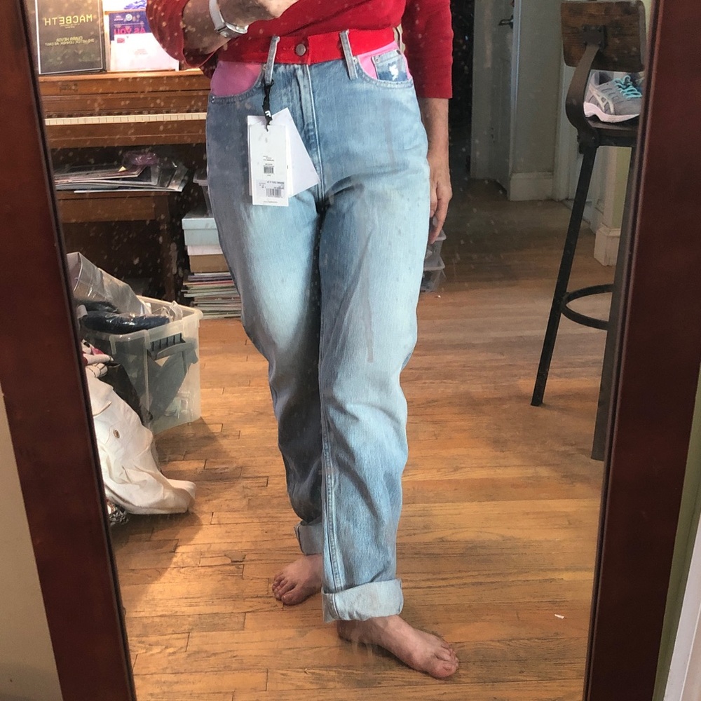 Calvin Klein Jeans high Rose Straight Blue Jeans with pink/red at waist - Picture 4 of 11